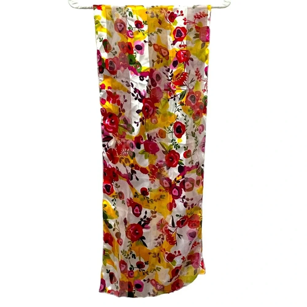 Floral Print Oblong Scarf Womens Red Yellow Y2K Boho Chic Sheer Summer Versatile